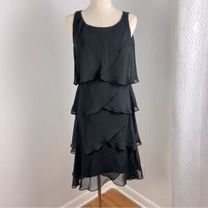 Vintage Black Tiered Chiffon Midi Dress 8 Flowy Cocktail Chic Feminine Ethereal